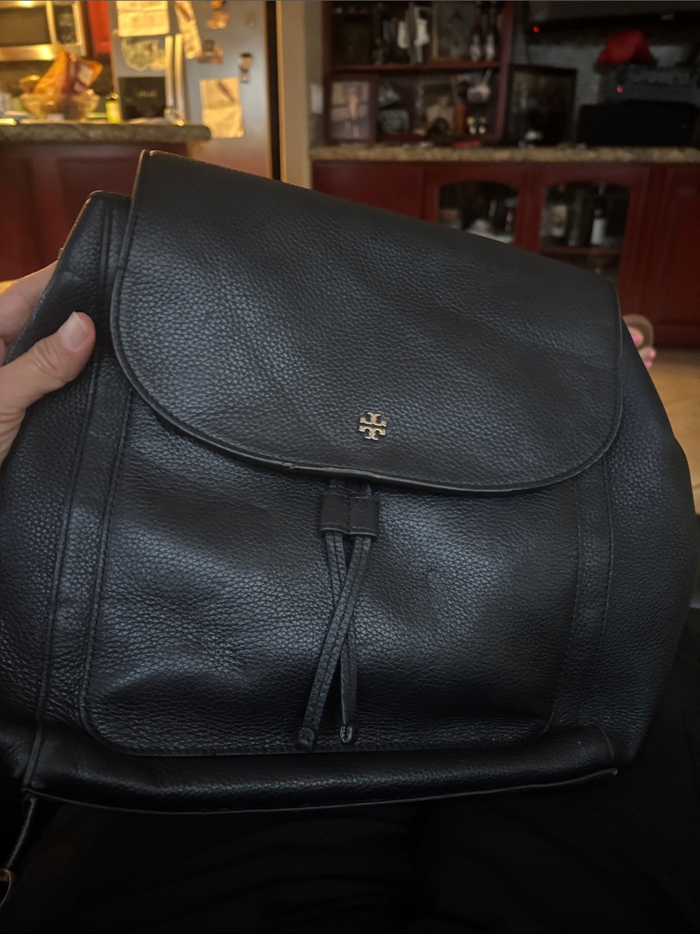 Tory Burch Black Pebbled Leather Drawstring Backpack with Gold Logo